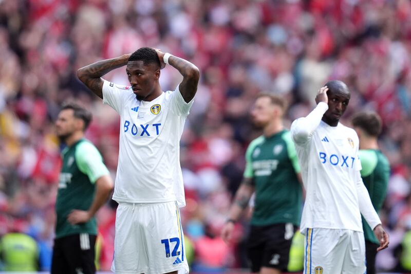 Leeds’ Jaidon Anthony reacts after losing the Sky Bet Championship play-off final at Wembley