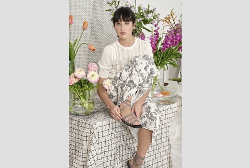 Oliver Bonas Stitched Stripe White Knitted Top, &pound;45 (&euro;54); Mono Gingham &amp; Floral Print Midi Skirt, &pound;65 (&euro;78); Rope Tie Black &amp; White Studded Sandals, &pound;49.50 (&euro;59.50) 