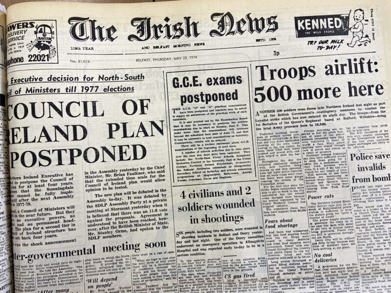 The Irish News of 1974 reports on exam cancellations caused by the Ulster Worker Council strike 