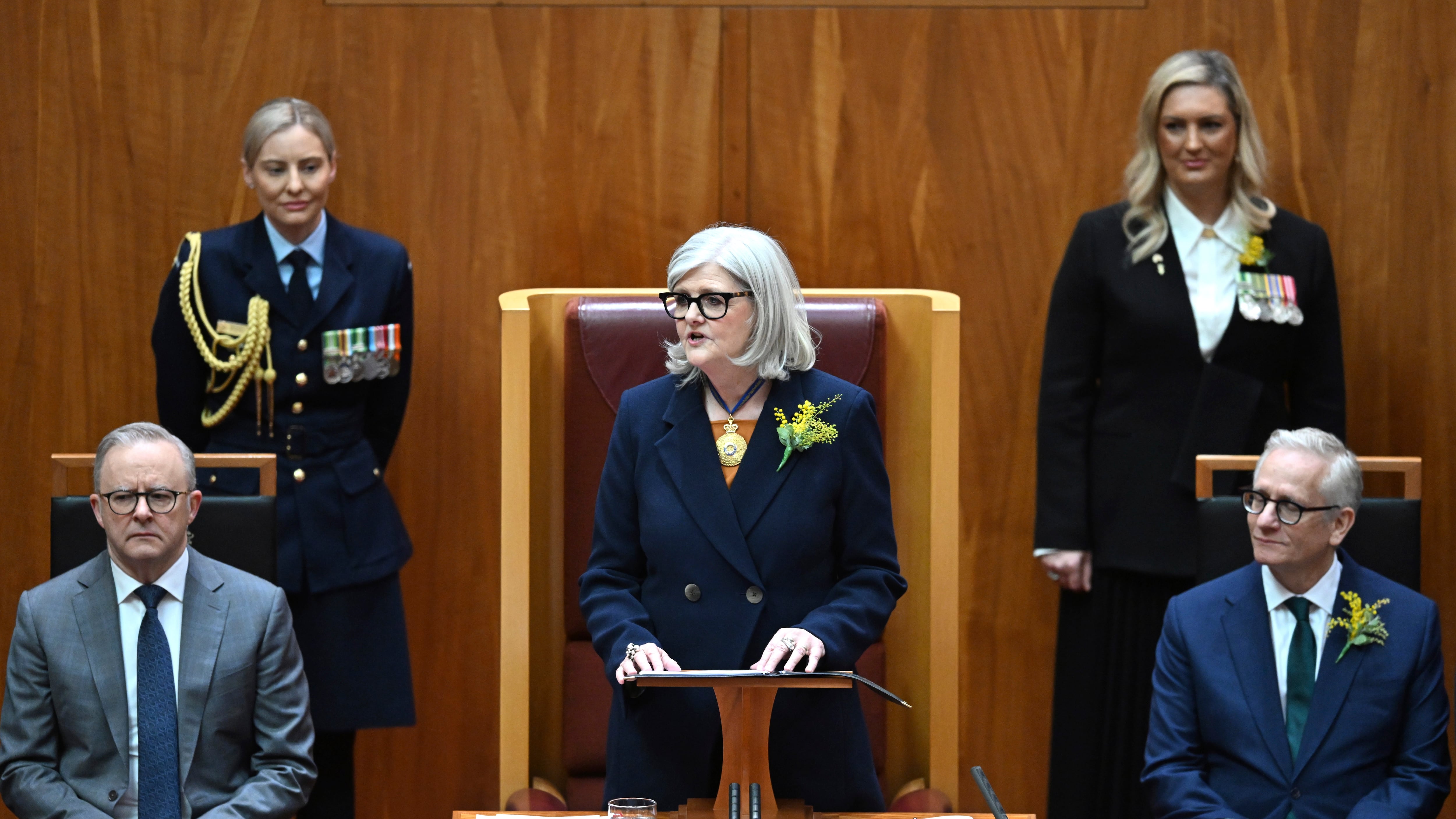 Governor-General of Australia Sam Mostyn speaks during the swearing in ceremony in the Senate chamber at Parliament House in Canberra, Monday, July 1, 2024, as Prime Minister Anthony Albanese, left, listens. (Lukas Coch/AAP/AP