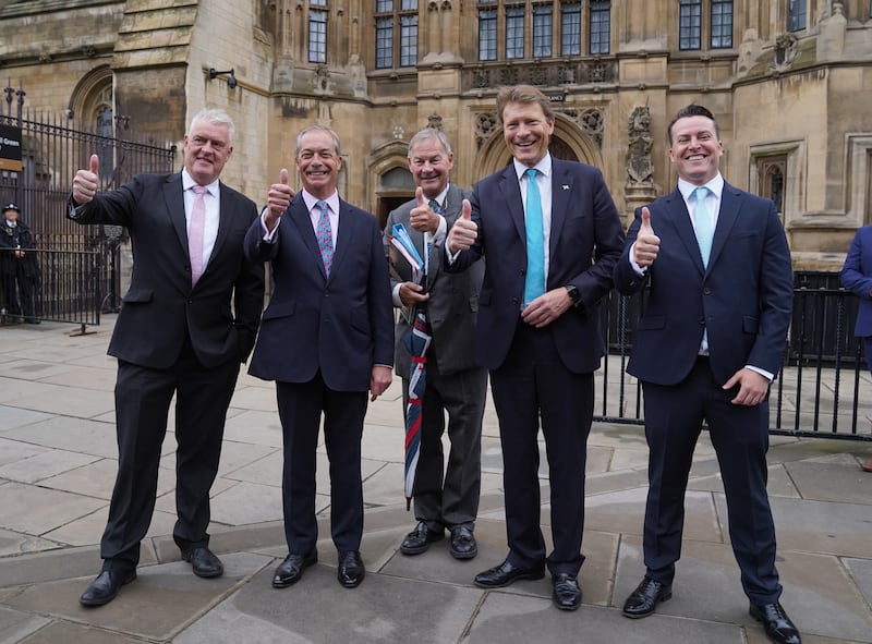 Reform UK’s five MPs, from left, Lee Anderson, Nigel Farage, Rupert Lowe, Richard Tice and James McMurdock