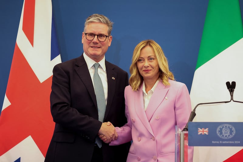 Prime Minister Sir Keir Starmer with Italian Prime Minister Giorgia Meloni hold a joint press conference at Villa Doria Pamphilj in Rome, Italy