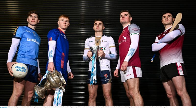 11 December 2024; Players, from left, UCD footballer Daire Cregg, Mary Immaculate College hurler Shane Meehan, University of Ulster footballer Ryan Magill, University of Galway footballer Colin Murray and University of Galway hurler Niall Collins before the draw for the Electric Ireland GAA Higher Education Championships at Croke Park in Dublin. Photo by Piaras Ó Mídheach/Sportsfile