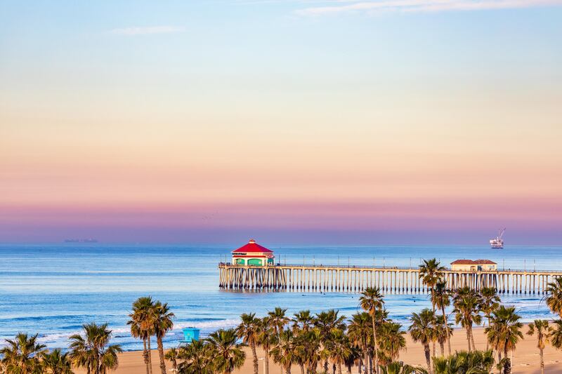 Sunrise colors over the Huntington Beach Pier in Huntington Beach