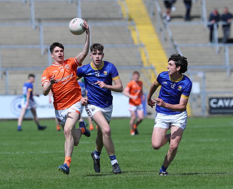 Longford's James Shannon and Luke Donnelly Armagh's Aaron Garvey in action during the Electric Ireland All-Ireland Minor Football  Championship quarter-final between Longford and Armagh at Kingspan Breffni, Cavan  Picture: Philip Walsh