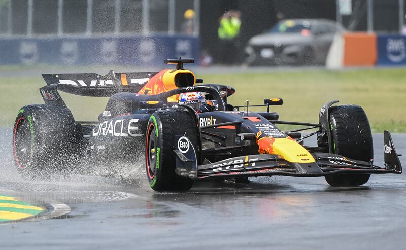 Max Verstappen was among the drivers to slide off track during the first practice session (Graham Hughes/The Canadian Press via AP)