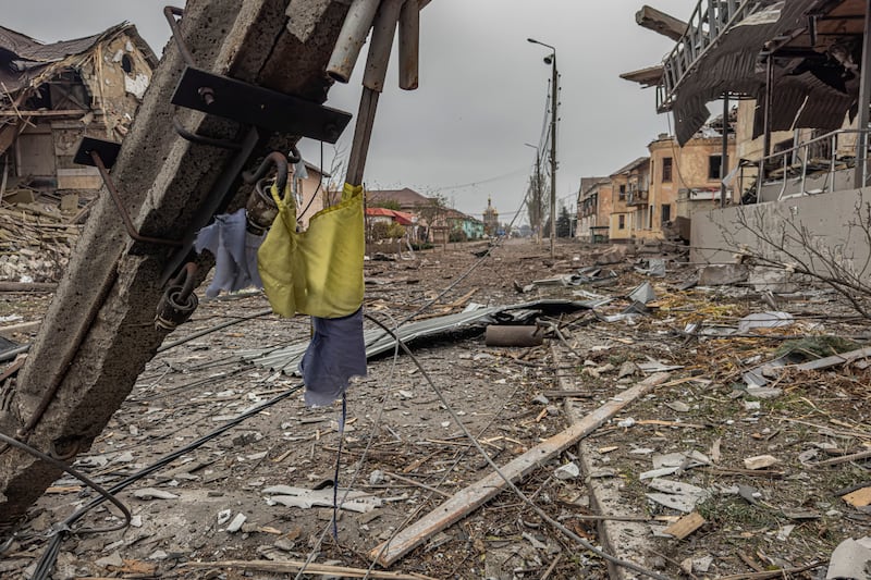 A central street covered in debris from destroyed residential buildings after Russian bombing in Kurakhove, Donetsk region, Ukraine (Anton Shtuka/AP)