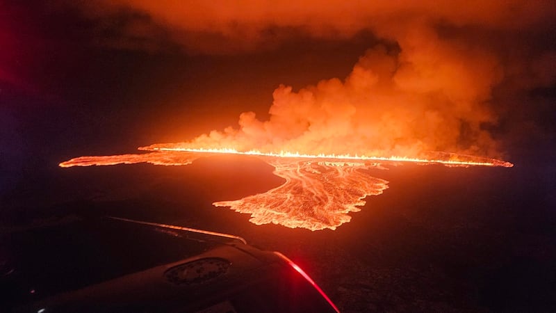 This photograph provided by Civil Protection in Iceland shows a new volcanic eruption that started on the Reykjanes Peninsula in Iceland (Civil Protection in Iceland via AP)