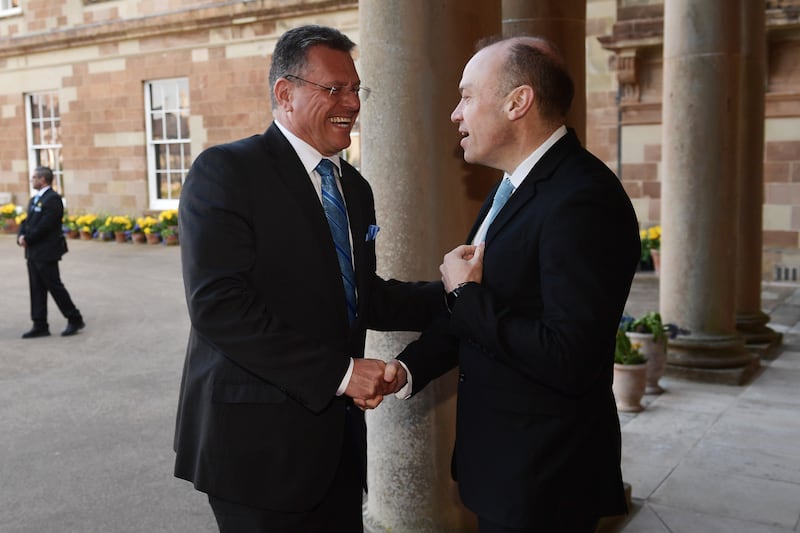 European Commission Vice-President for Interinstitutional Relations and Foresight Maros Sefcovic (left) greets Northern Ireland Secretary Chris Heaton-Harris 