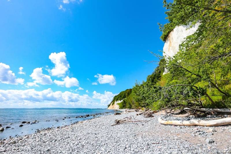 Pebble beach and chalk cliffs at Piratenschlucht (pirate gorge) beach in Rügen Island, Germany