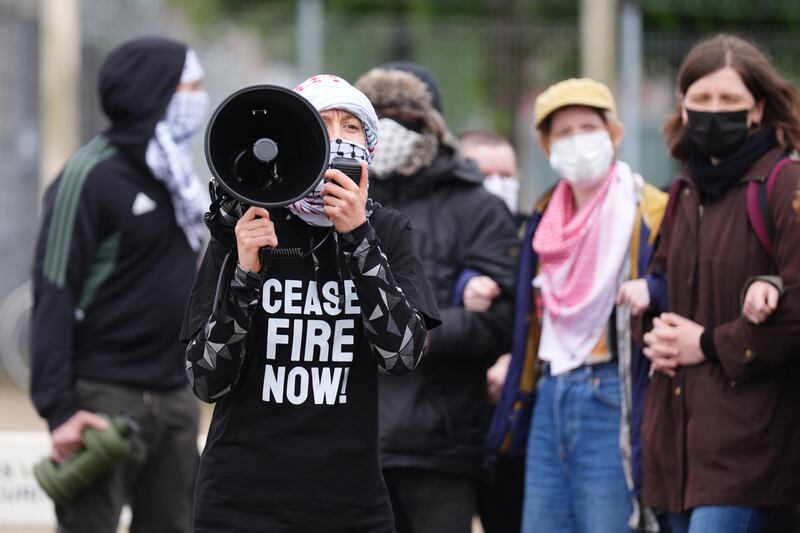 Pro-Palestine campaigners during a protest outside the Thales factory in Govan, Glasgow
