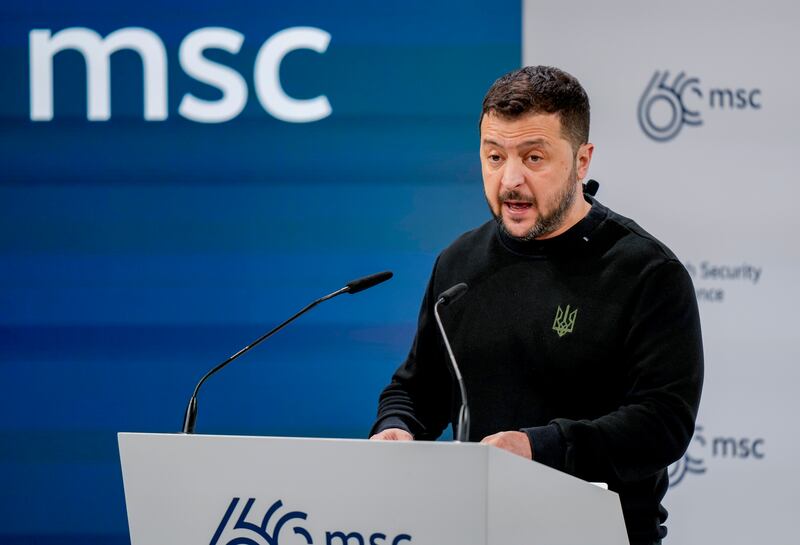 Volodymyr Zelensky at the Munich Security Conference at the Bayerischer Hof Hotel (Matthias Schrader/AP)