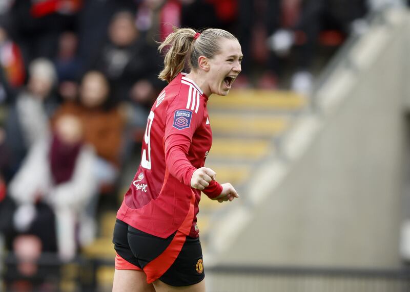 Elisabeth Terland celebrates scoring for Manchester United