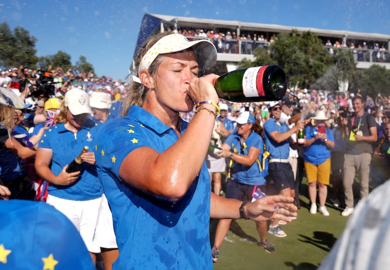 Europe captain Suzann Pettersen celebrates her team retaining the Solheim Cup at Finca Cortesin