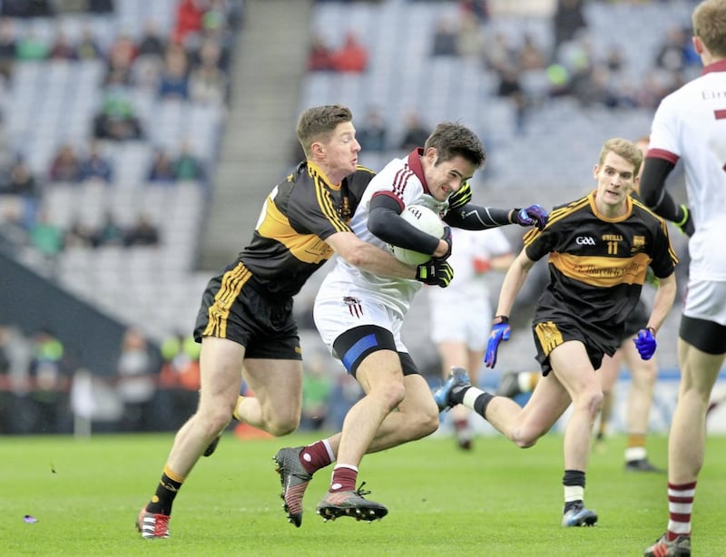 Dr Crokes forward Kieran O&#39;Leary tackles Slaughtneil&#39;s Chrissy McKaigue during the All Ireland club SFC Final at Croke Park on St Patrick&#39;s Day. Picture by Margaret McLaughlin 