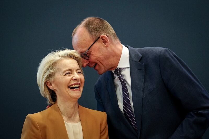 Ursula von der Leyen with Friedrich Merz, CDU federal chairman and Union parliamentary group leader (Kay Nietfeld/dpa via AP)