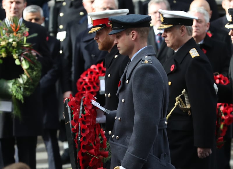 The Duke of Sussex, the then-Duke of Cambridge and the Duke of York during the Remembrance service at the Cenotaph in 2018