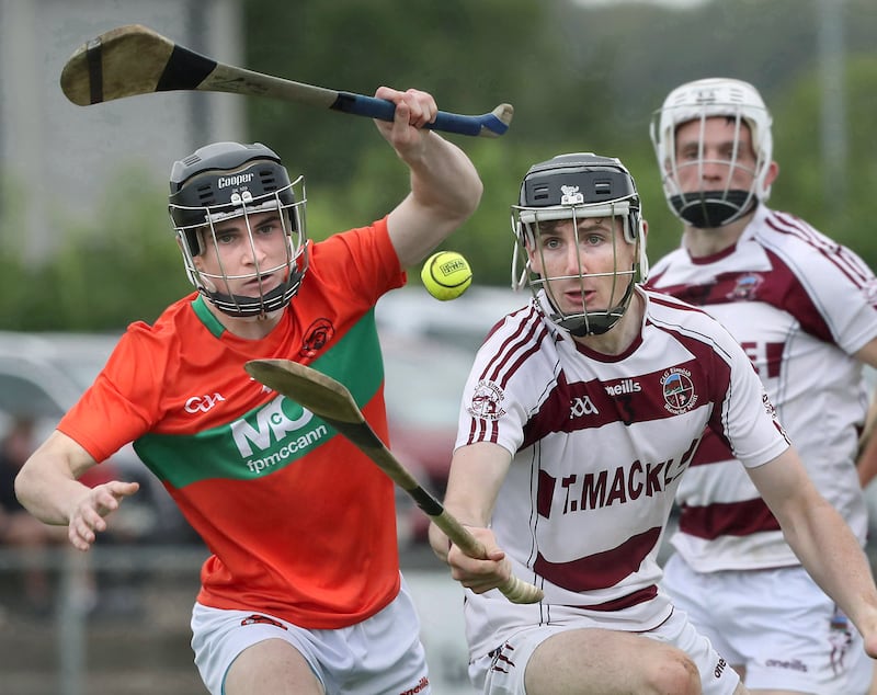 Lavey John McGurk with Peter McCullagh of Slaughtneil during the Derry SHC match played at Lavey on Sunday 8th September 2024. Picture Margaret McLaughlin