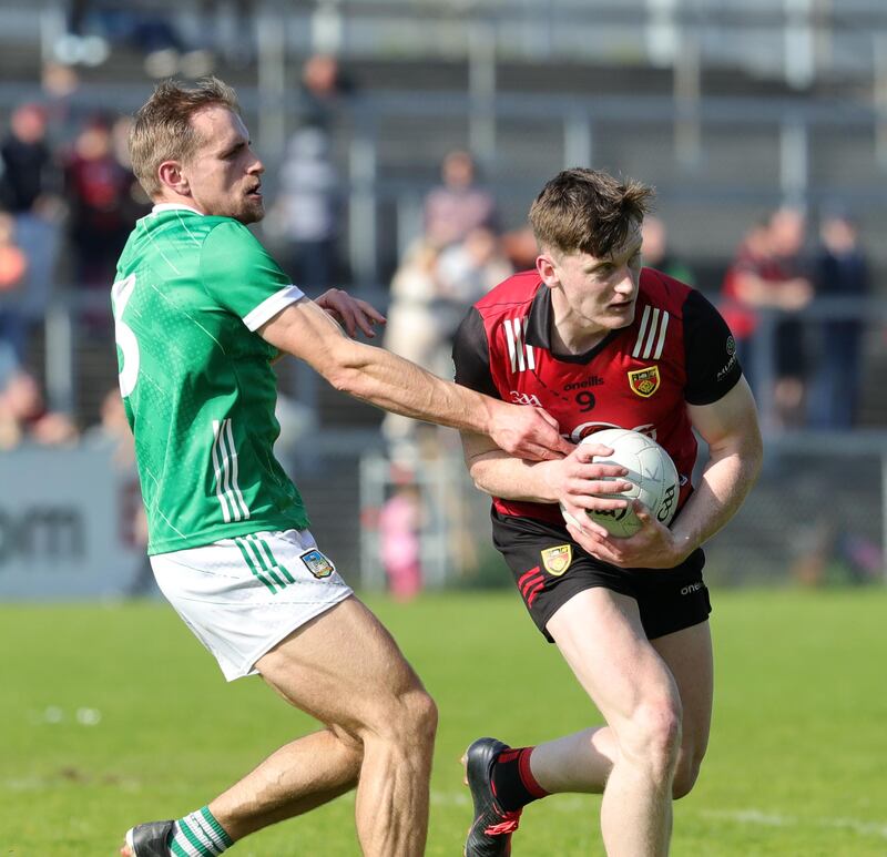 Down's Odhran Murdock and Limerick's Seán O'Dea in action during the GAA All-Ireland Senior Championship Tailteann Cup group 4 Round 4 on 05-11-2024 at Pairc Esler Newry. Pic Philip Walsh