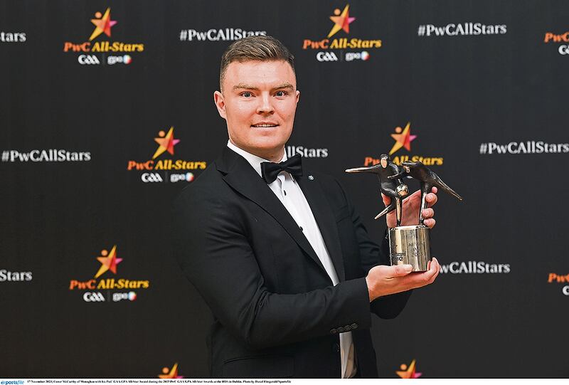 Conor McCarthy of Monaghan with his All-Star Award during the 2023 PwC GAA/GPA All-Star Awards at the RDS in Dublin. Photo by David Fitzgerald/Sportsfile