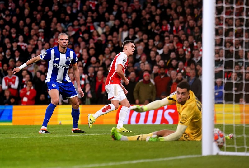 Arsenal’s Leandro Trossard scores Arsenal’s first goal of the game