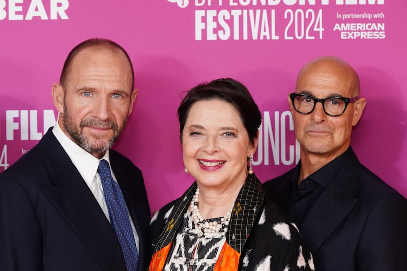 (Left to right) Ralph Fiennes, Isabella Rossellini and Stanley Tucci, who were in Conclave