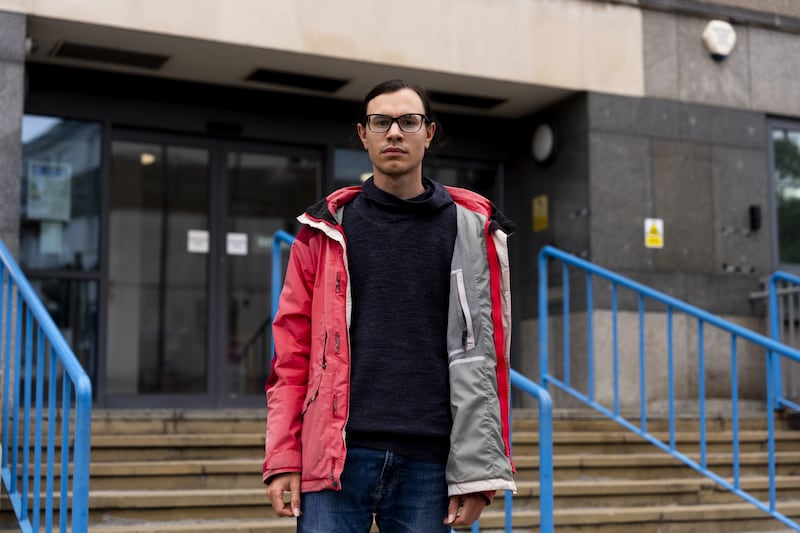 Protester Callum Goode arrives at Croydon Magistrates’ Court in south London