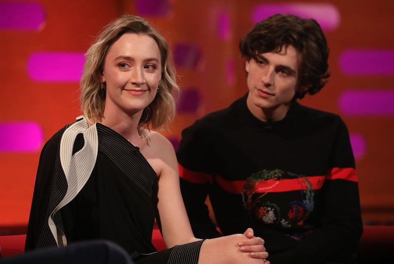 Saoirse Ronan and Timothee Chalamet during the filming for the Graham Norton Show