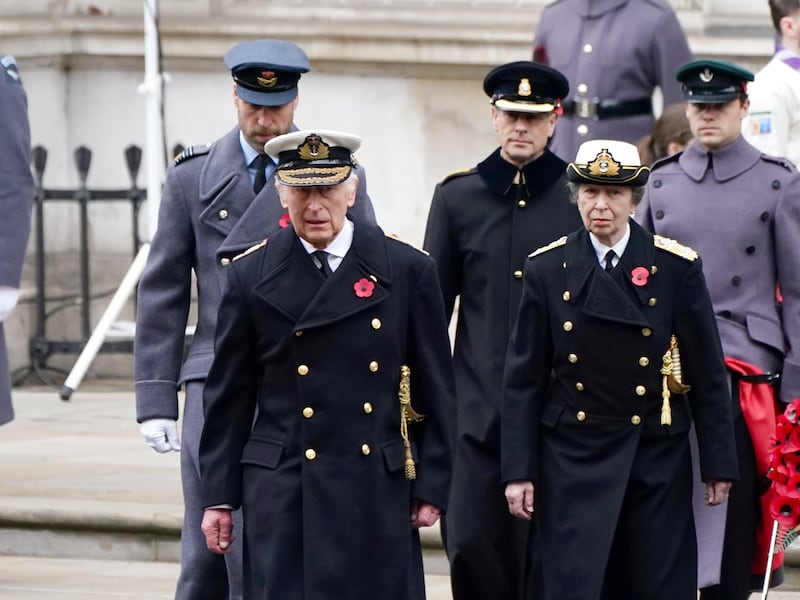 The King, the Princess Royal, followed by the Prince of Wales and the Duke of Edinburgh during the Remembrance Sunday service