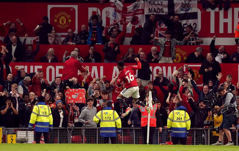 Amad Diallo celebrates scoring Manchester United’s second against Newcastle