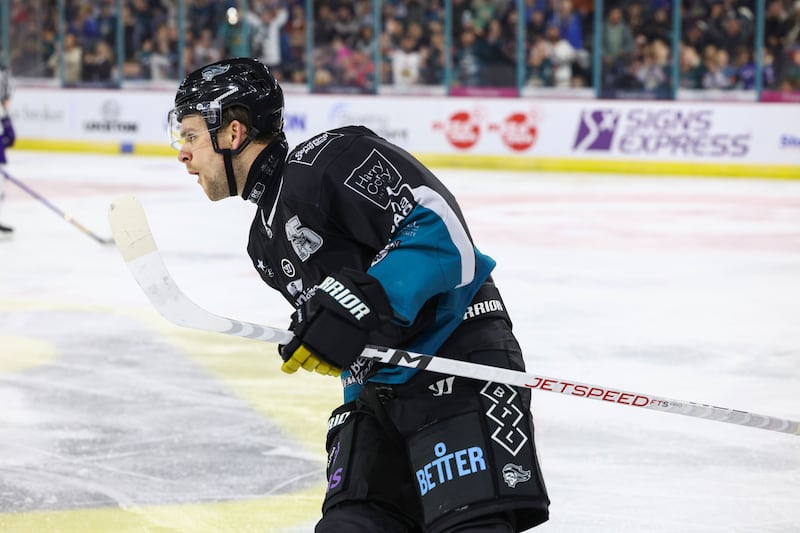 Belfast Giants’ Grant Mismash celebrates scoring his second goal against the Glasgow Clan during Sunday’s Challenge Cup game at the SSE Arena, Belfast.