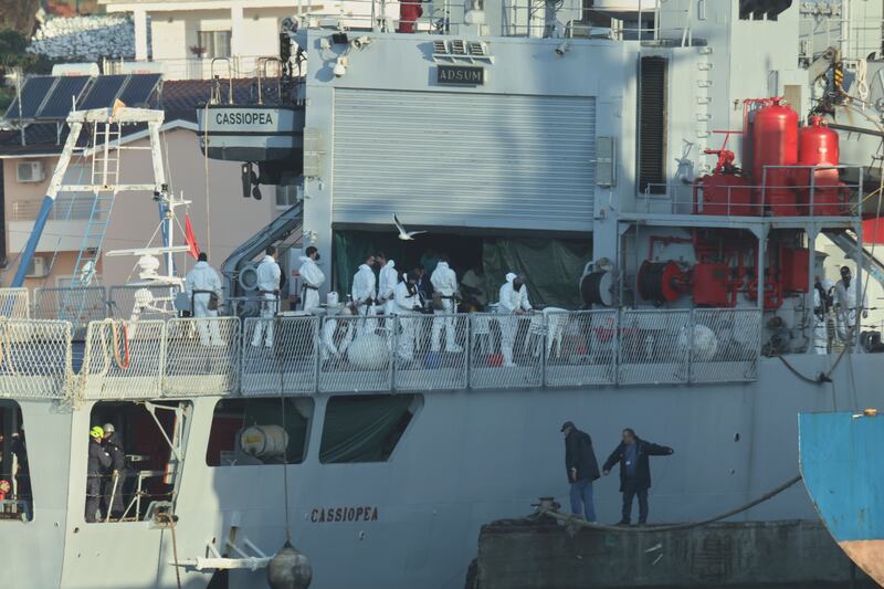 The Italian navy ship carrying 49 more migrants for asylum processing docks in Shengjin (Vlasov Sulaj/AP)