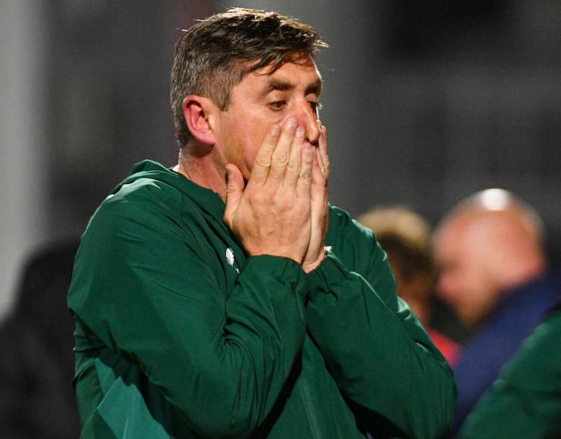 Declan Devine of Glentoran is frustrated with his teams performance during this evening’s game at Inver Park, Larne