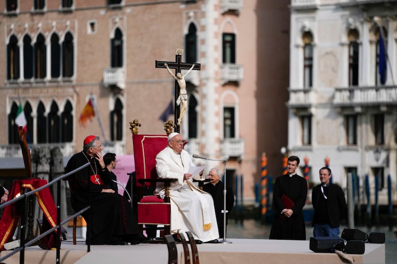 Pope Francis delivered an address in front of the Church of the Salute in Venice (Alessandra Tarantino/AP)