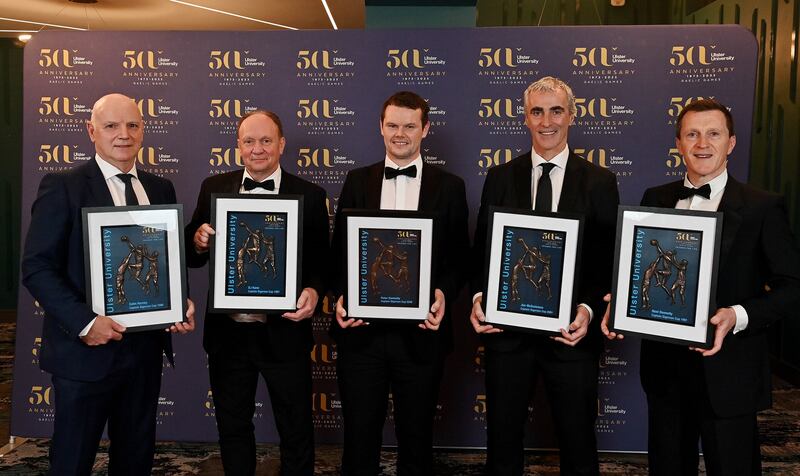 Ulster University’s Sigerson Cup-winning captains; Colin Harney (1986), DJ Kane (1987), Peter Donnelly (2008), Jim Mc Guinness (2001) and Noel Donnelly (1991) who were recognised at the Ulster University GAA club’s Golden Jubilee Gala Dinner at the Great Northern Hotel, Bundoran to mark the 50th anniversary of its formation  PICTURE: OLIVER McVEIGH