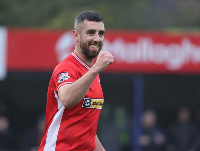 Cliftonville's Joe Gormley celebrates the first of his treble against Dungannon Swifts at Stangmore Park