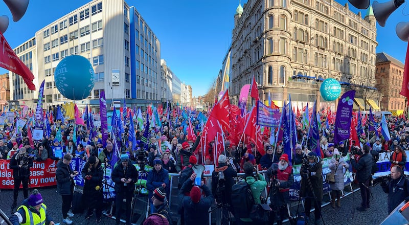 Public sector workers take part in a rally at Belfast City Hall in January