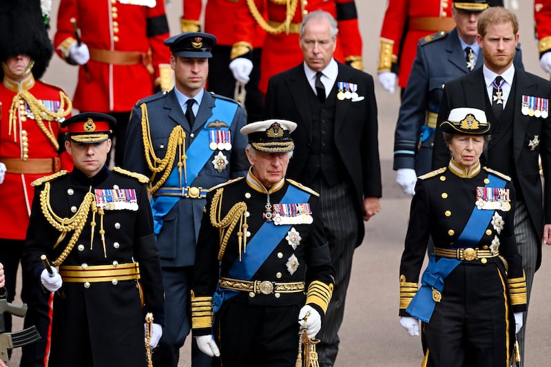 The Prince of Wales, the King and the Princess Royal in their military uniform and the Duke of Sussex in his suit following the late Queen’s state funeral