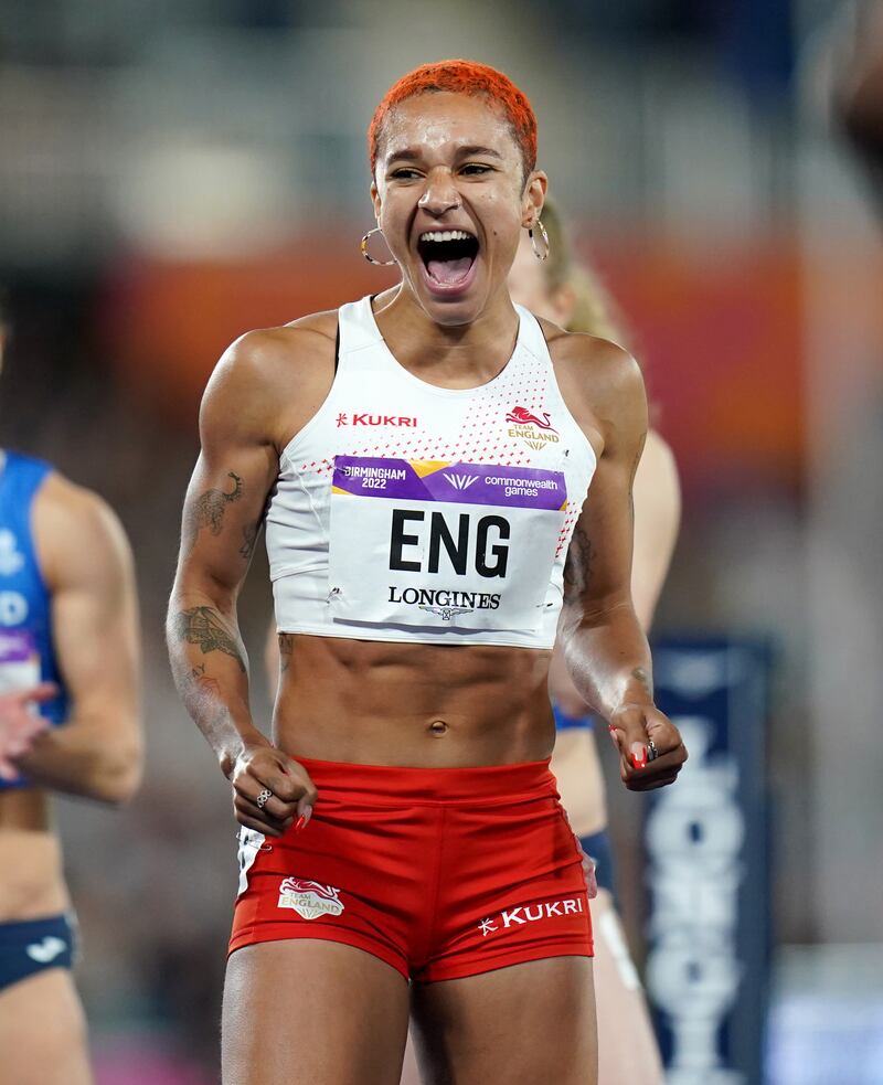 Jodie Williams celebrating her team victory in the Women’s 4 x 400m Relay Final at Alexander Stadium during the Commonwealth Games in 2022