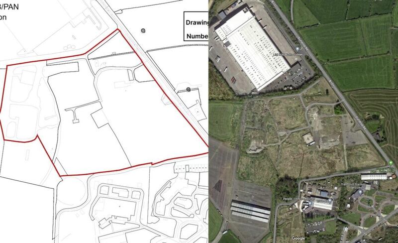 Satellite view of Jans&#39; new Nutts Corner site (right) and the planning outline of the site marked out in red (left). 