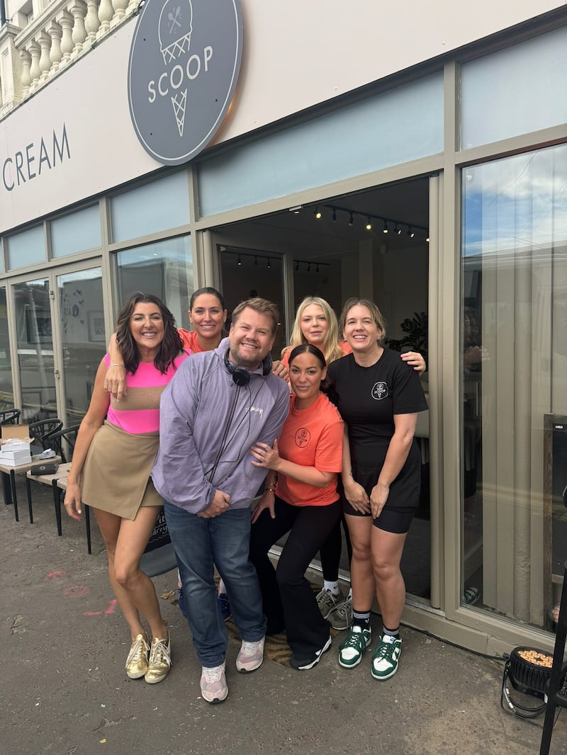 James Corden posing with local fans in Barry, South Wales