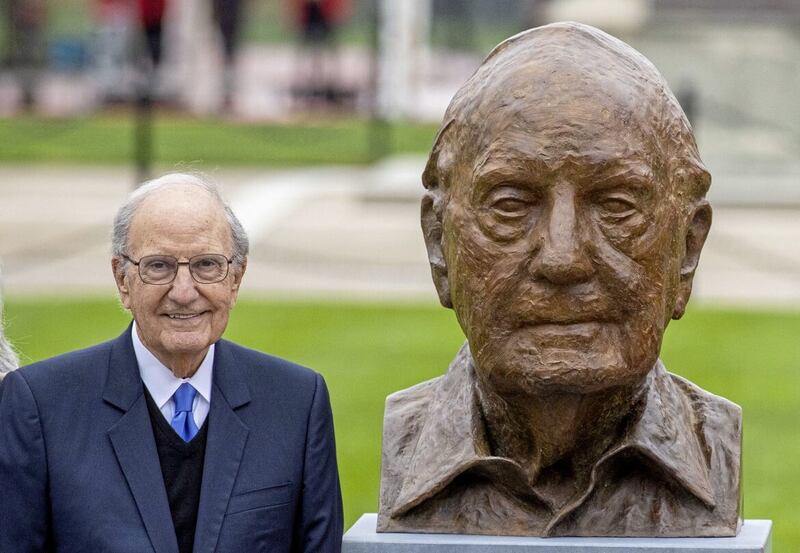 Senator George Mitchell stands beside a newly unveiled bust of himself by visual artist Colin Davidson, during the three-day international conference at Queen's University Belfast to mark the 25th anniversary of the Good Friday Agreement. Picture by Liam McBurney/PA Wire
