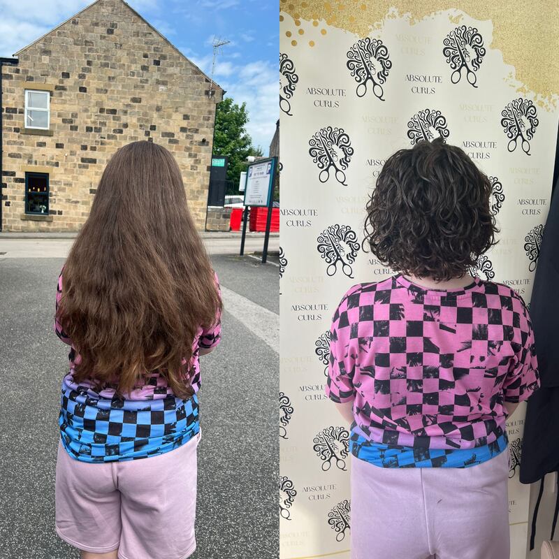 A comparison of Lexie’s hair pre-cut and post-cut