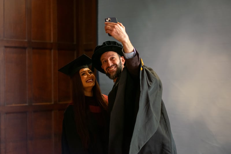 Miss Chopra poses for a selfie with Prof Michele Acuto from the University of Bristol