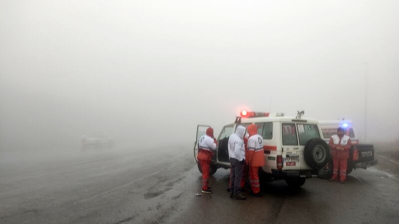 Rescue teams near the site of the incident involving the helicopter carrying Iranian President Ebrahim Raisi in Varzaghan in north-western Iran (Azin Haghighi, Moj News Agency via AP)