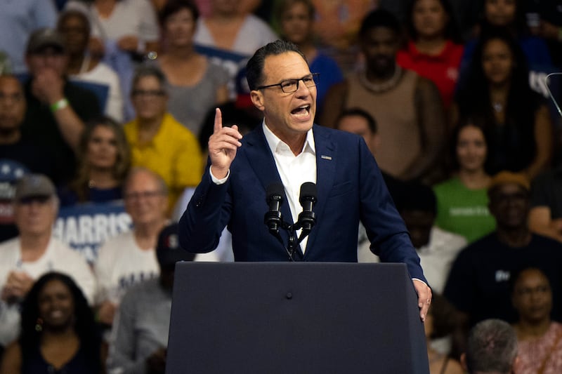 Josh Shapiro speaks before Kamala Harris and Tim Walz take to the stage (Joe Lamberti/AP)