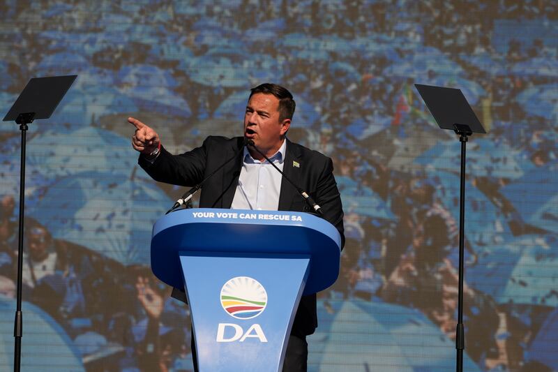 Main opposition Democratic Alliance (DA) party leader, John Steenhuisen, delivers his speech (Themba Hadebe/AP)