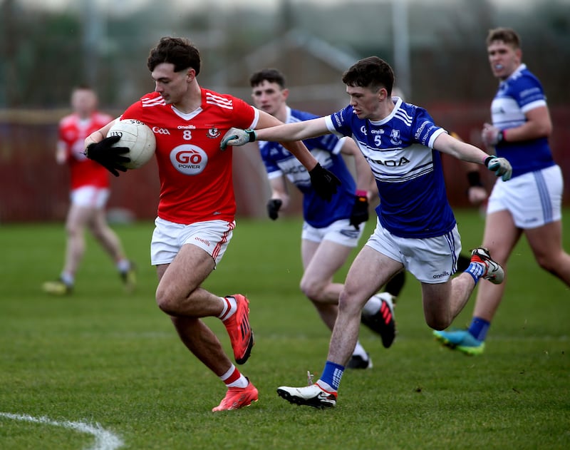 Magherasfelt's Jude Beattie in action with  Four Master's Cian Gavigan in yesterdays Ulster Club Minor Final at St Pauls GAC