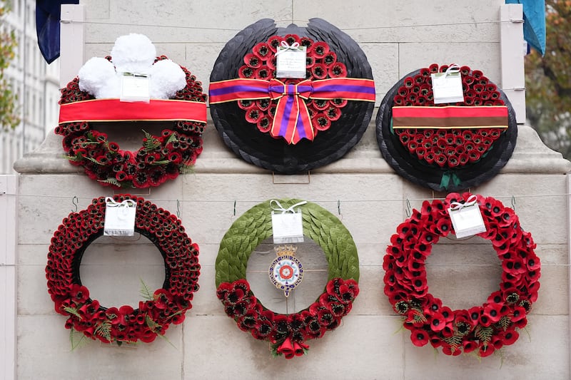 Wreaths after the Remembrance Sunday service at the Cenotaph – with the Queen’s on the far top right