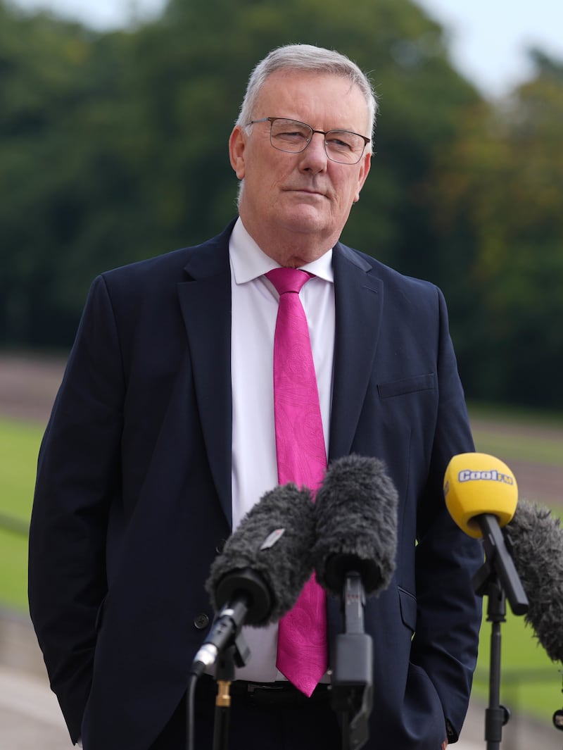 Ulster Unionist Party leader-elect Mike Nesbitt speaking to members of the media outside Stormont, Belfast, following the resignation of Doug Beattie